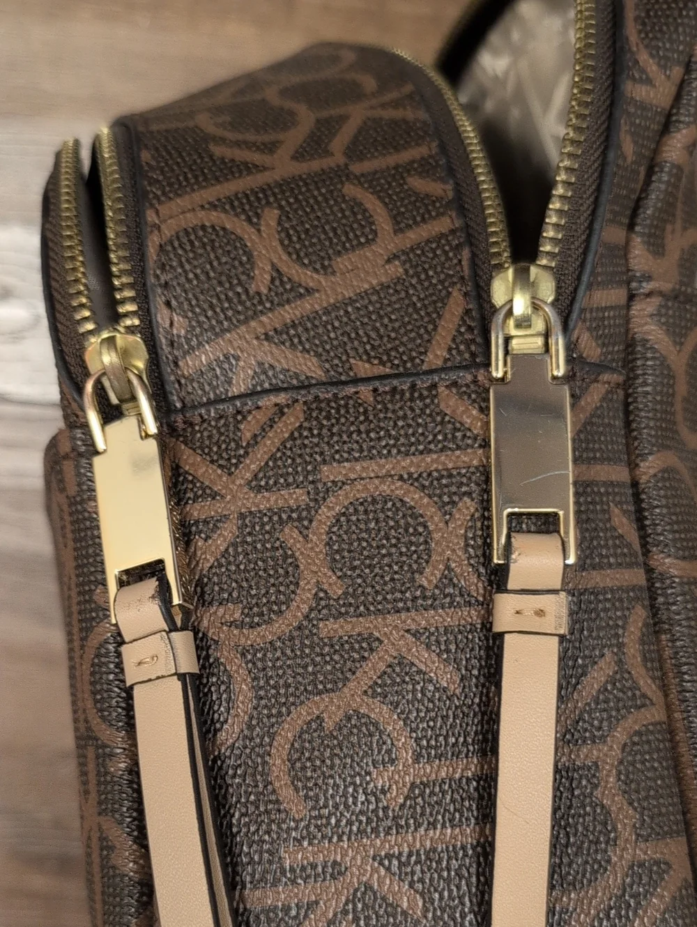 Calvin Klein Brown Monogram Mini Backpack with Tan Handle